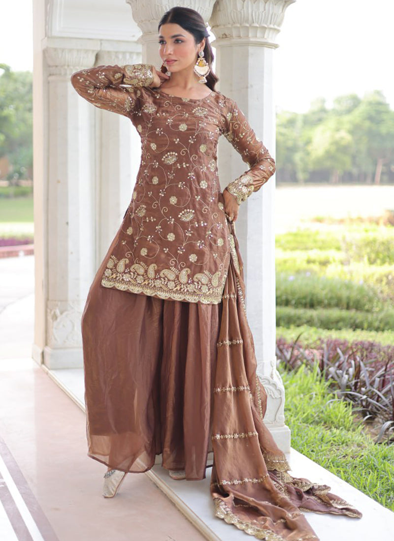 Fendi Fabric Brown Festival Wear Sequins Embroidery Work Readymade Plazzo Suit 387291