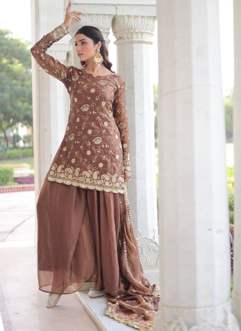 Fendi Fabric Brown Festival Wear Sequins Embroidery Work Readymade Plazzo Suit 387291