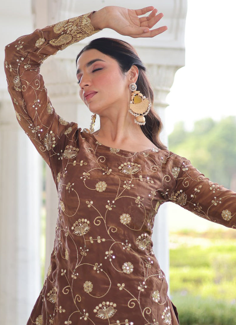 Fendi Fabric Brown Festival Wear Sequins Embroidery Work Readymade Plazzo Suit 387291