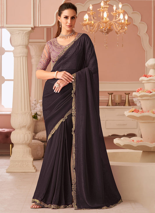 Georgette Brown Saree with Border Work for Festival Wear 381874