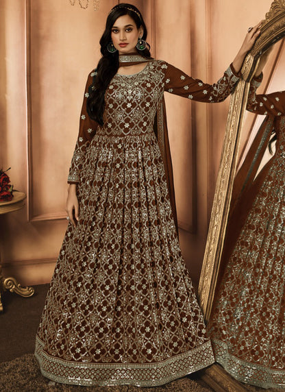 Brown Georgette Embroidery Work Party Wear Readymade Anarkali Suit SW189692
