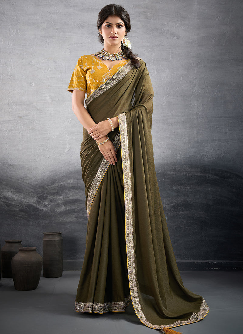 Georgette Brown Party Wear Embroidery Work Saree 385557