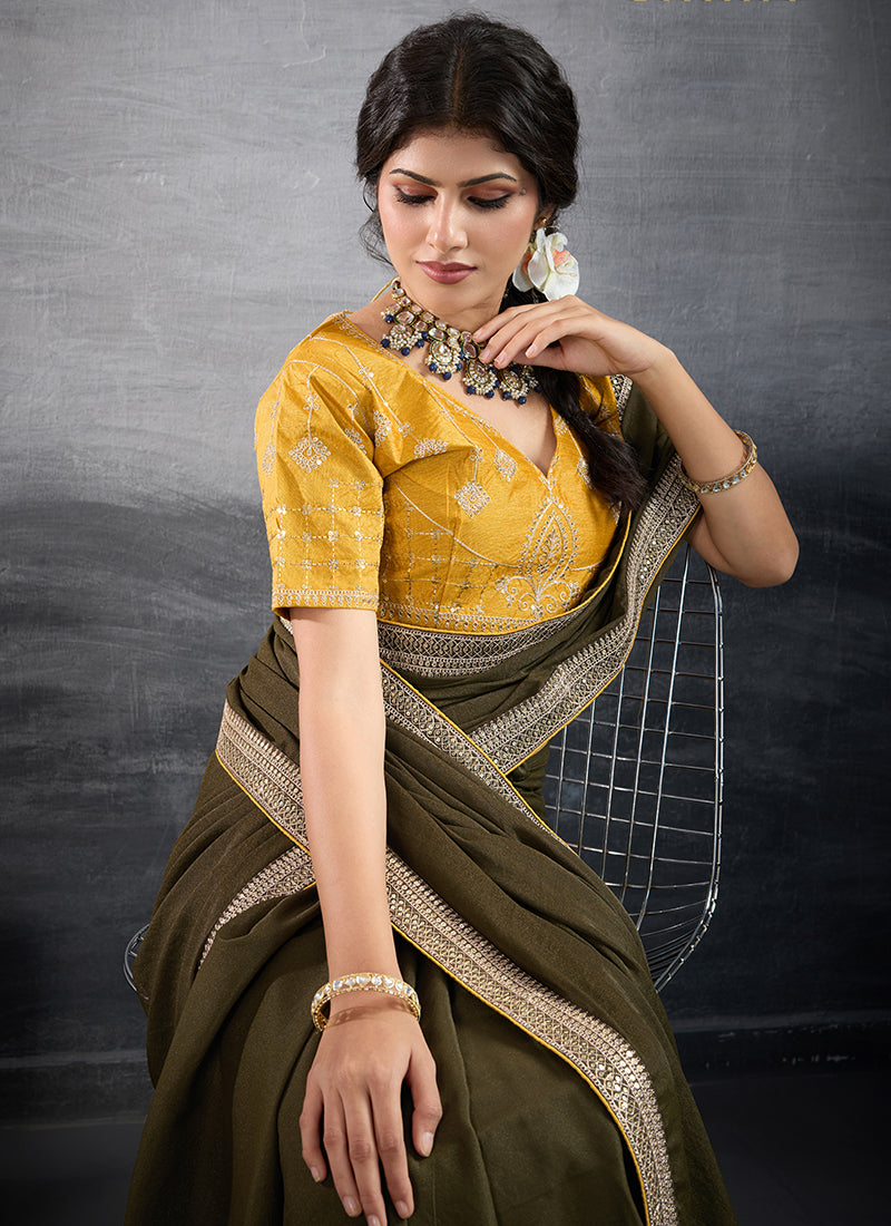 Georgette Brown Party Wear Embroidery Work Saree 385557