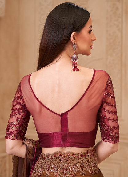 Georgette Brown Party Wear Embroidery Work Saree 385723
