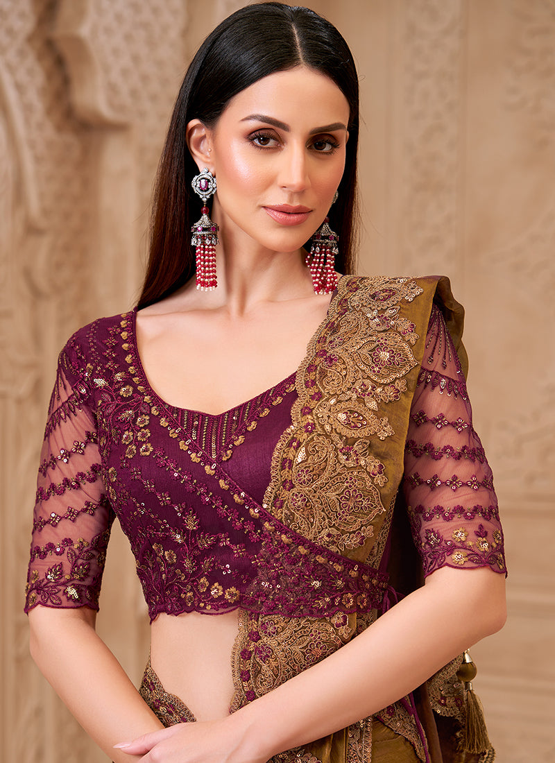 Georgette Brown Party Wear Embroidery Work Saree 385723