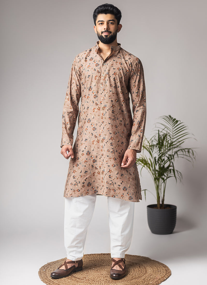 Brown Modal Silk Printed Work Festival Wear Readymade Kurta Pajama SW613028