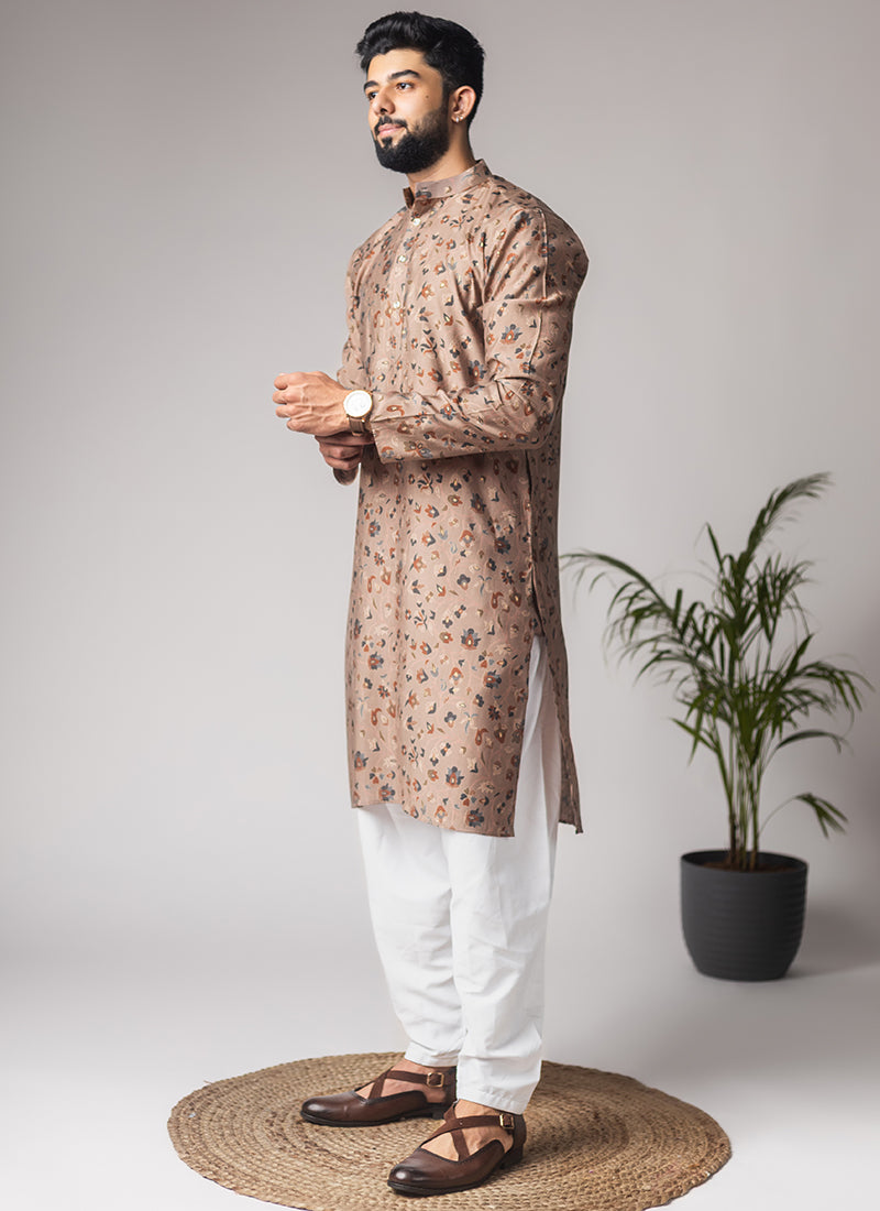 Brown Modal Silk Printed Work Festival Wear Readymade Kurta Pajama SW613028