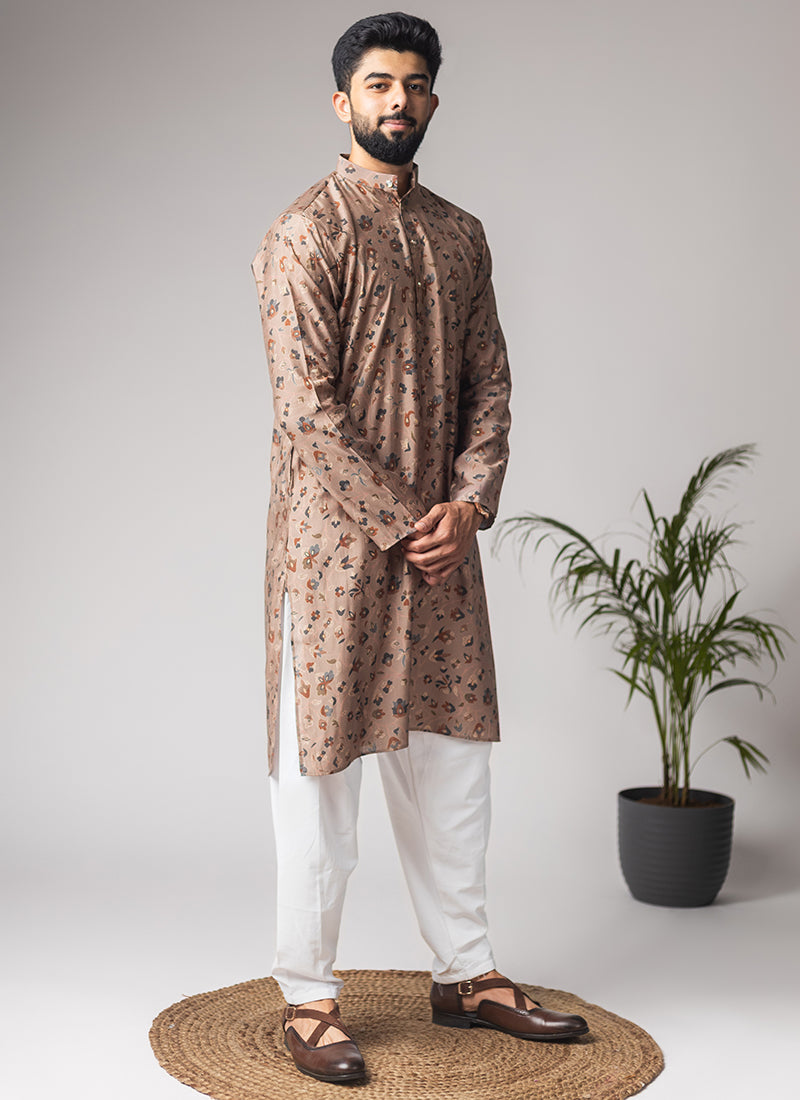 Brown Modal Silk Printed Work Festival Wear Readymade Kurta Pajama SW613028
