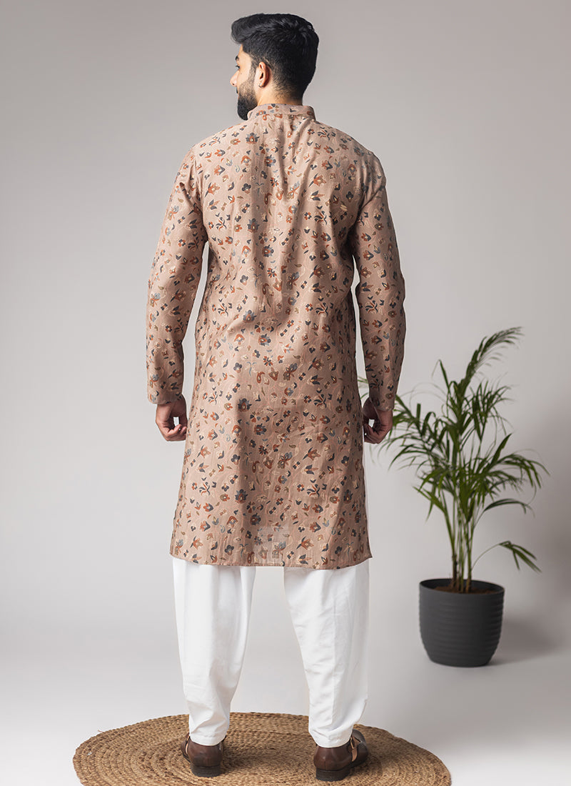 Brown Modal Silk Printed Work Festival Wear Readymade Kurta Pajama SW613028