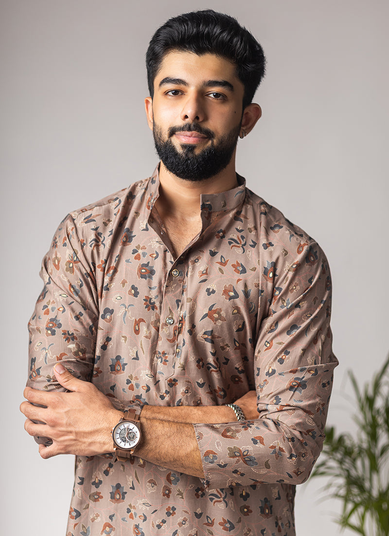 Brown Modal Silk Printed Work Festival Wear Readymade Kurta Pajama SW613028