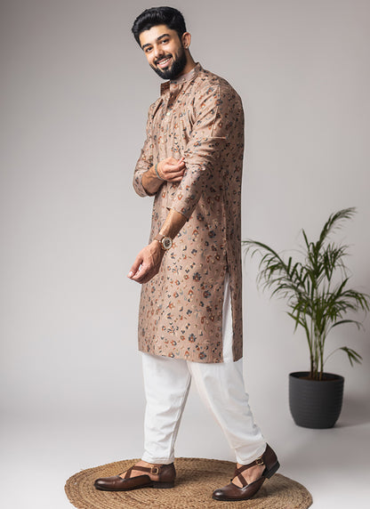 Brown Modal Silk Printed Work Festival Wear Readymade Kurta Pajama SW613028