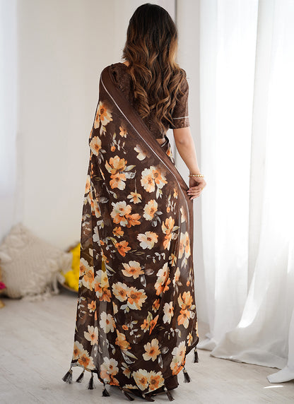 Moss Satin Patta Brown Daily Wear Floral Print Work Saree 388514