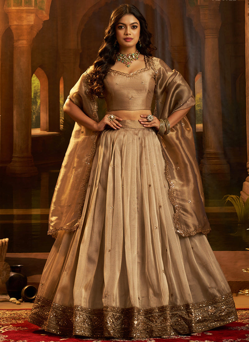 Organza Brown Party Wear Zari Sequins Work Lehenga Choli 388596