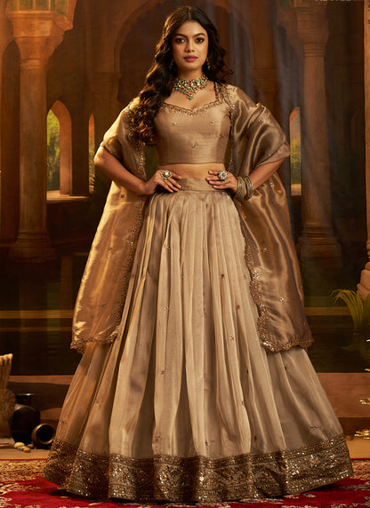 Organza Brown Party Wear Zari Sequins Work Lehenga Choli 388596