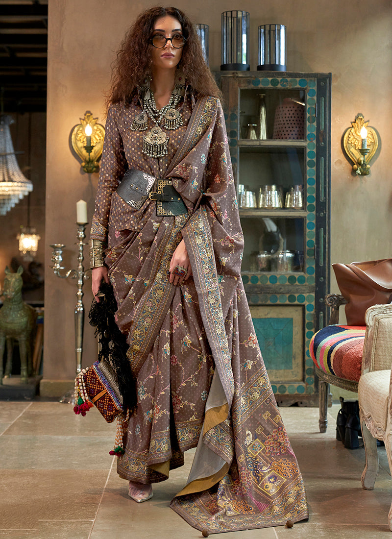Pv Silk Brown Party Wear Printed Work Saree 385831