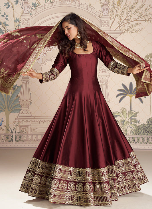 Real Silk Brown Party Wear Embroidery Work Readymade Anarkali Gown 388080