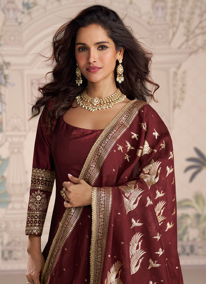 Real Silk Brown Party Wear Embroidery Work Readymade Anarkali Gown 388080