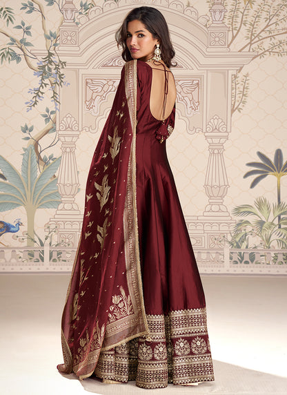 Real Silk Brown Party Wear Embroidery Work Readymade Anarkali Gown 388080