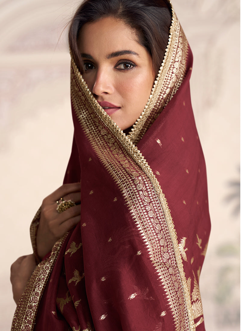 Real Silk Brown Party Wear Embroidery Work Readymade Anarkali Gown 388080