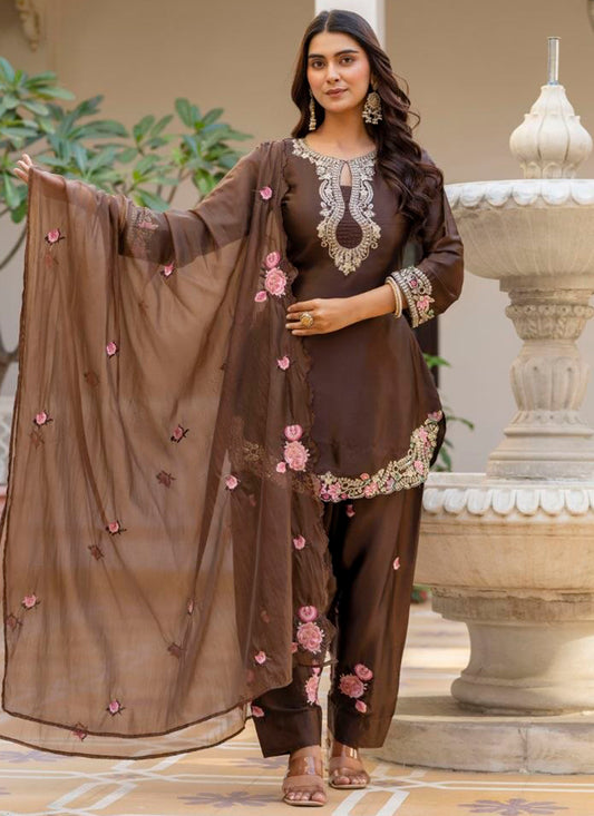 Brown Satin Silk Embroidery Work Occasional Wear Readymade Salwar Suit SW398761