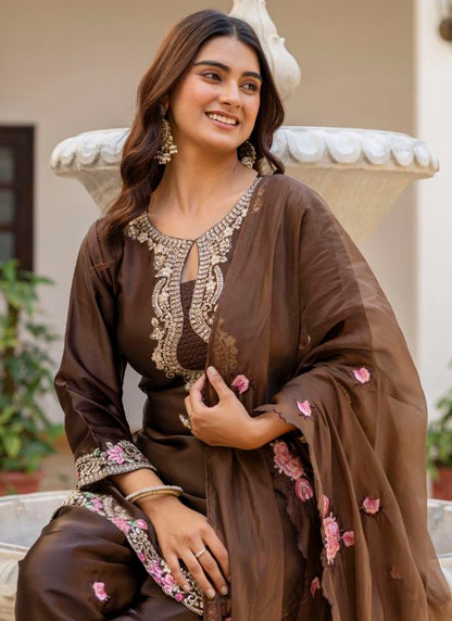 Brown Satin Silk Embroidery Work Occasional Wear Readymade Salwar Suit SW398761
