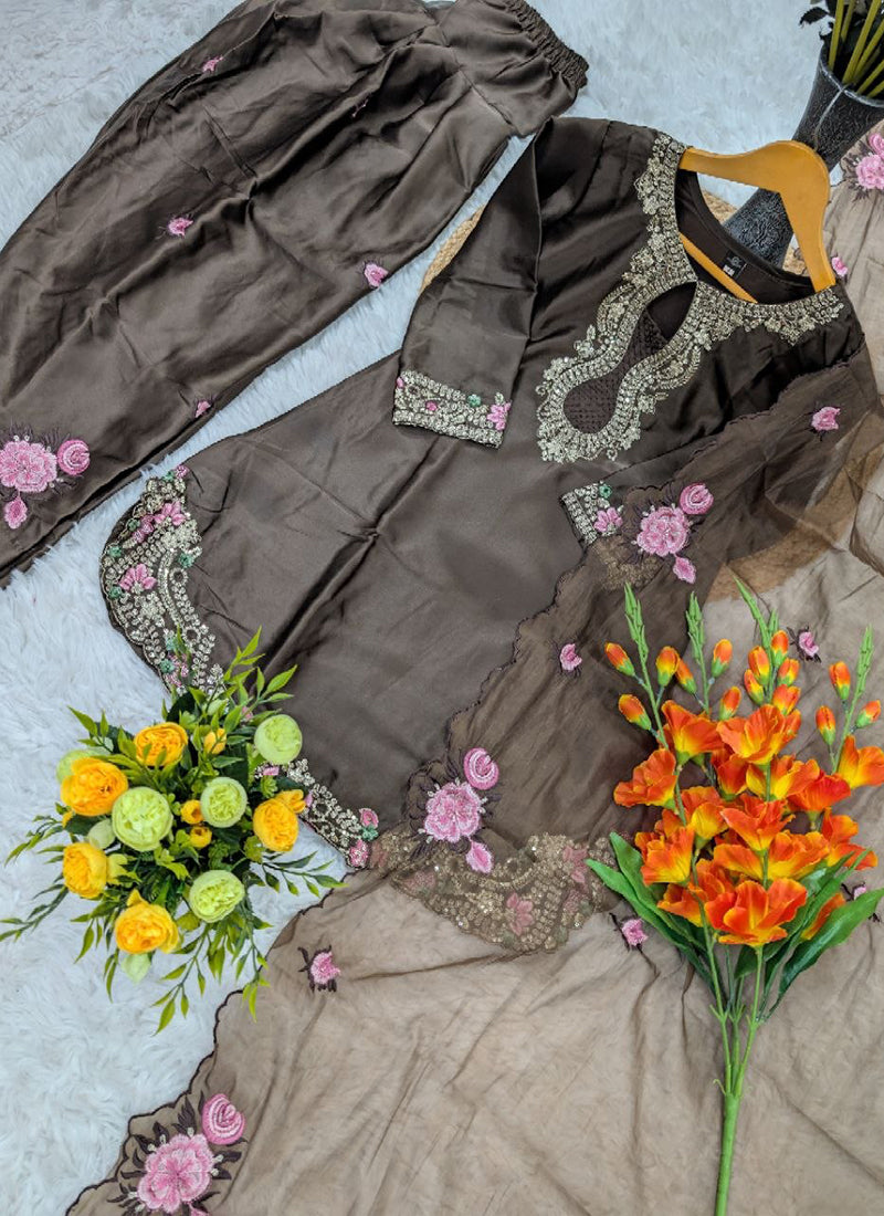 Brown Satin Silk Embroidery Work Occasional Wear Readymade Salwar Suit SW398761