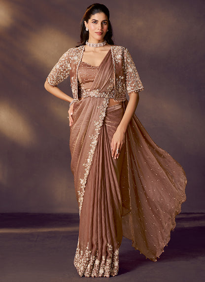 Satin Silk Brown Wedding Wear Sequins Embroidery Ready To Wear Saree 386136