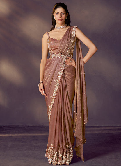 Satin Silk Brown Wedding Wear Sequins Embroidery Ready To Wear Saree 386136