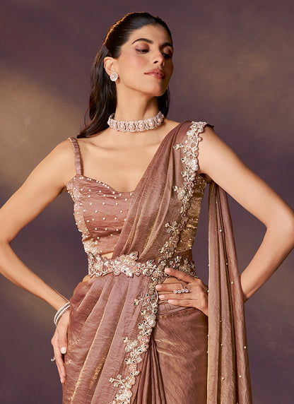 Satin Silk Brown Wedding Wear Sequins Embroidery Ready To Wear Saree 386136