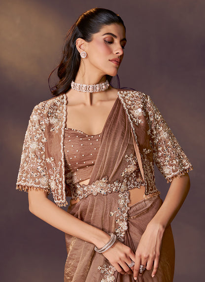 Satin Silk Brown Wedding Wear Sequins Embroidery Ready To Wear Saree 386136