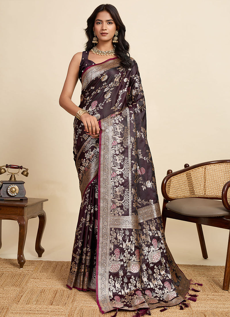 Satin Silk Brown Saree with Weaving Work for Party Wear 382785