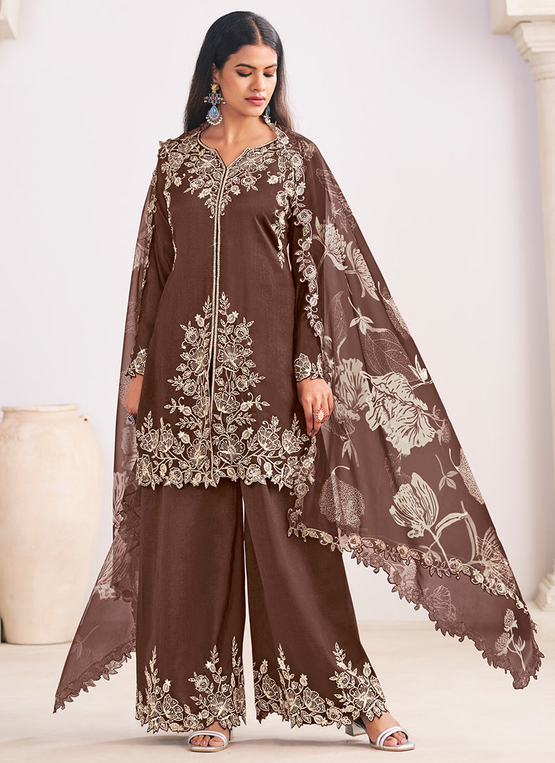 Silk Brown Festival Wear Embroidery Work Readymade Plazzo Suit 385168