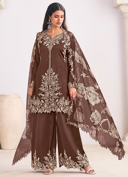 Silk Brown Festival Wear Embroidery Work Readymade Plazzo Suit 385168
