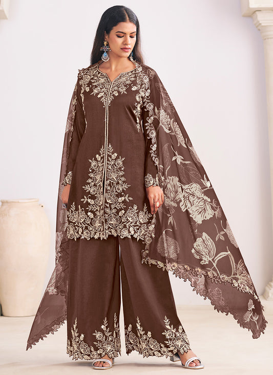 Silk Brown Festival Wear Embroidery Work Readymade Plazzo Suit 385168