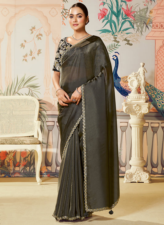 Silk Brown Saree with Embroidery Work for Festival Wear 385037