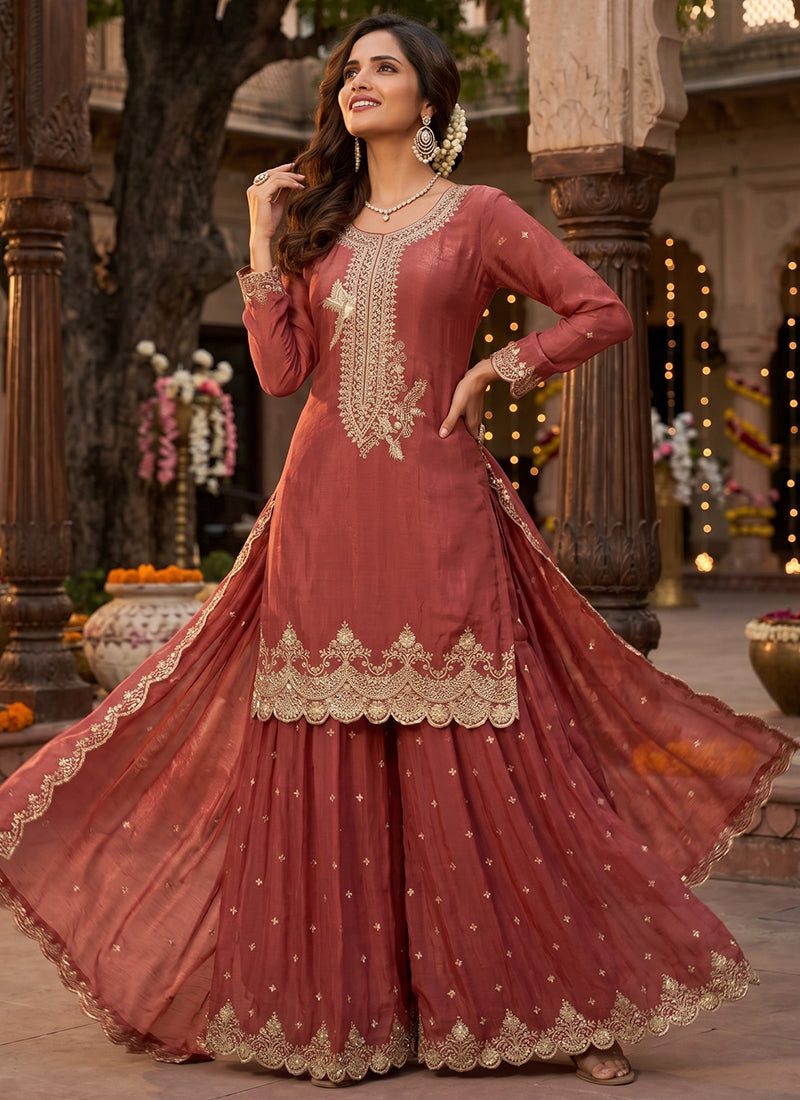 Brown Tora Silk Embroidery Work Occasional Wear Readymade Plazzo Suit SW817288
