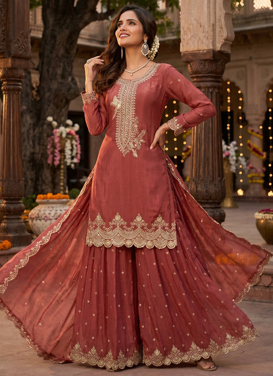 Brown Tora Silk Embroidery Work Occasional Wear Readymade Plazzo Suit SW817288