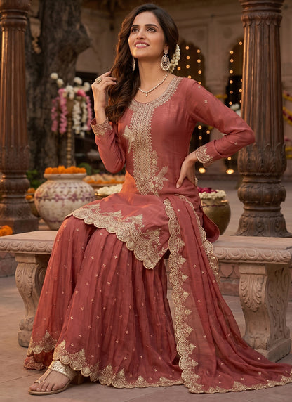 Brown Tora Silk Embroidery Work Occasional Wear Readymade Plazzo Suit SW817288