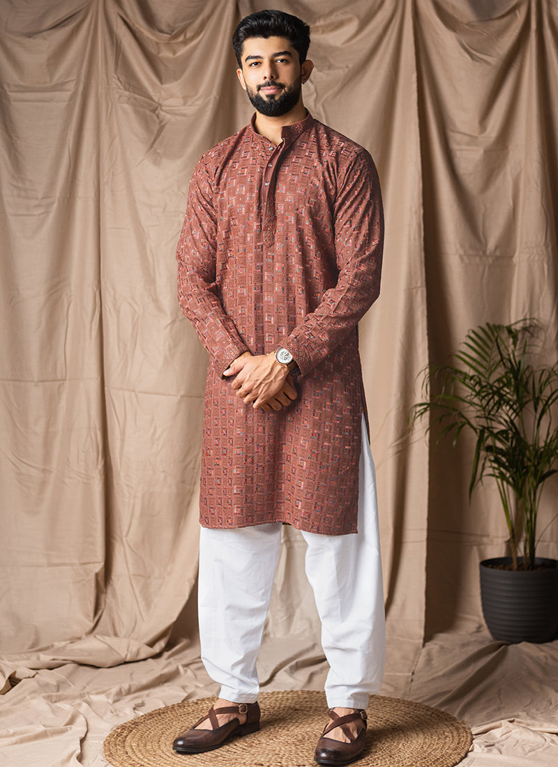 Brown Viscose Rayon Weaving Work Festival Wear Readymade Kurta Pajama SW654682