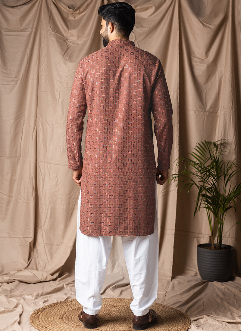 Brown Viscose Rayon Weaving Work Festival Wear Readymade Kurta Pajama SW654682