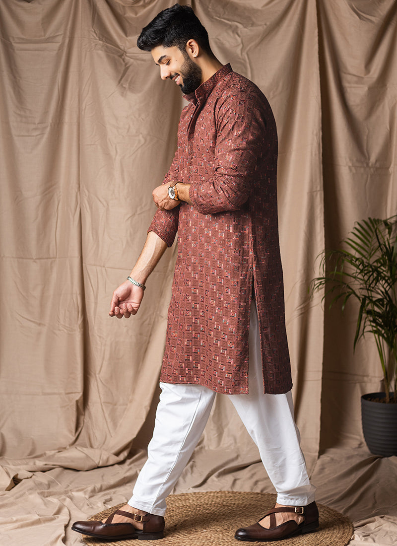 Brown Viscose Rayon Weaving Work Festival Wear Readymade Kurta Pajama SW654682