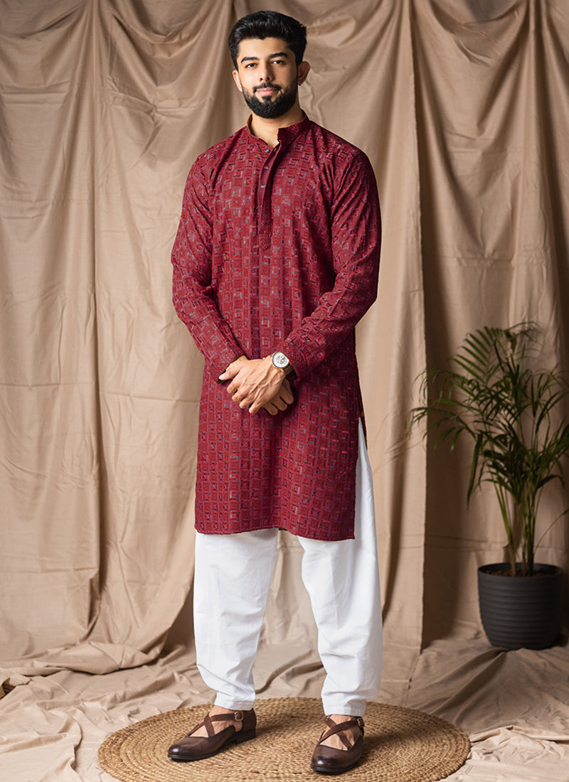 Burgandy Viscose Rayon Weaving Work Festival Wear Readymade Kurta Pajama SW810265