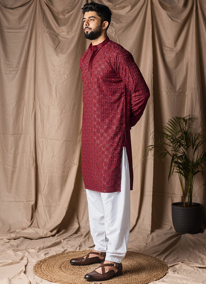 Burgandy Viscose Rayon Weaving Work Festival Wear Readymade Kurta Pajama SW810265