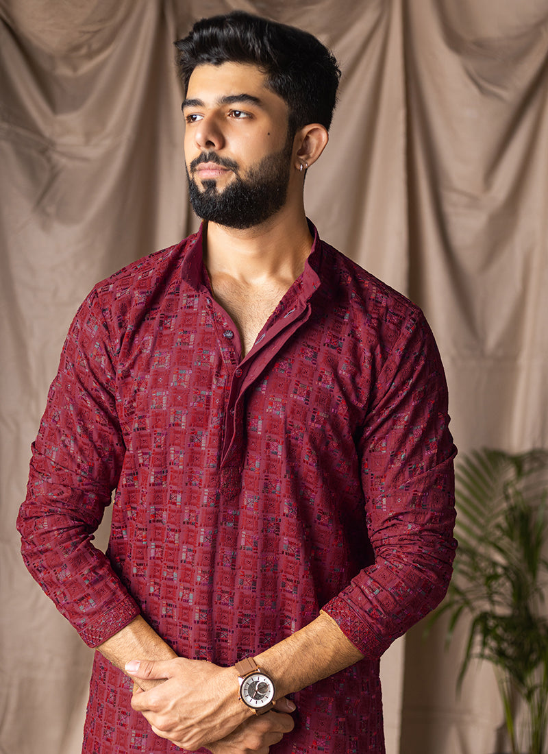 Burgandy Viscose Rayon Weaving Work Festival Wear Readymade Kurta Pajama SW810265