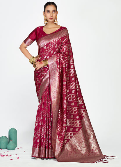 Banarasi Silk Burgundy Party Wear Zari Weaving Work Saree 387503