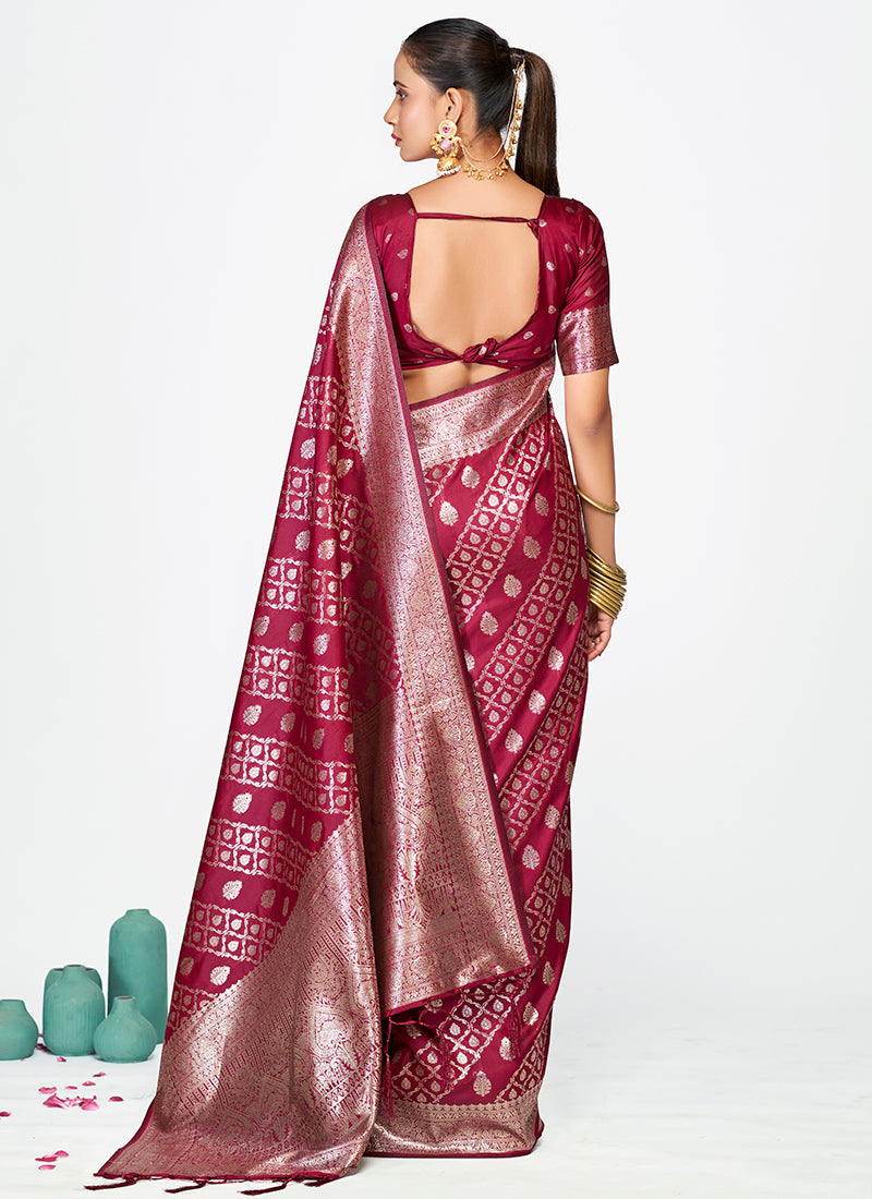 Banarasi Silk Burgundy Party Wear Zari Weaving Work Saree 387503