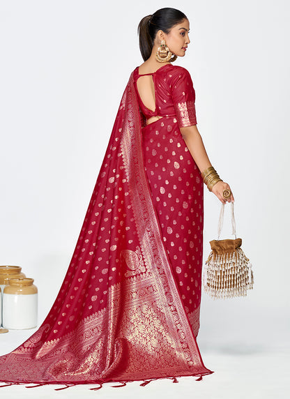 Banarasi Silk Burgundy Party Wear Zari Work Saree 387499