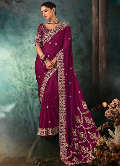 Pure Fancy Burgundy Bridal Wear Heavy Work Bridal Saree 387355