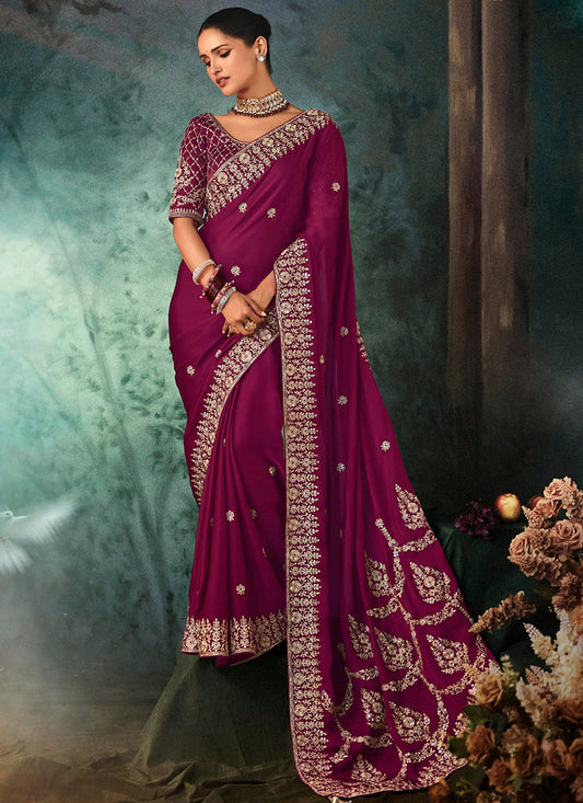 Pure Fancy Burgundy Bridal Wear Heavy Work Bridal Saree 387355