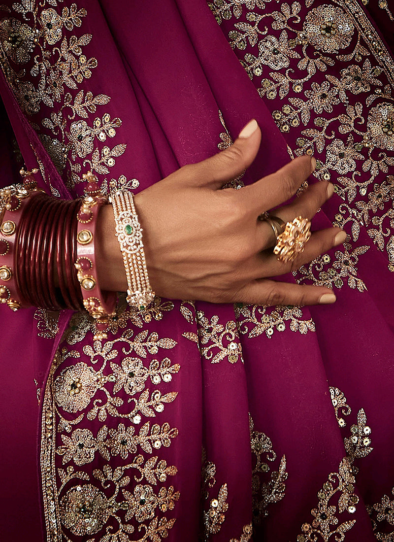 Pure Fancy Burgundy Bridal Wear Heavy Work Bridal Saree 387355